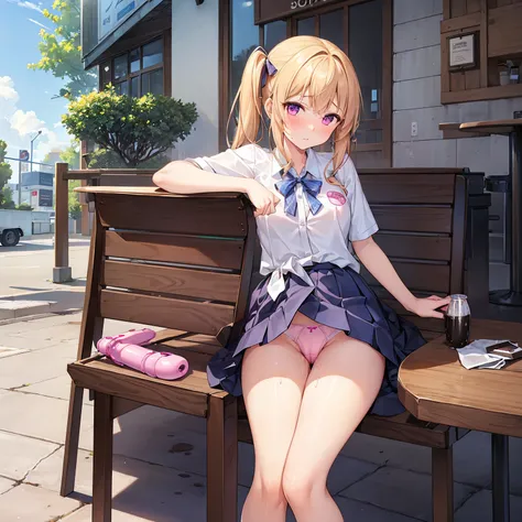 ((A girl is waiting at a coffee shop))sitting at the table、Summer cosplay((Insert a vibrator into your underwear、 pussy juice overflows from the vibrator )) vaginal discharge drips from the vibrator all the way to the ground (Angle from the seat next to me...