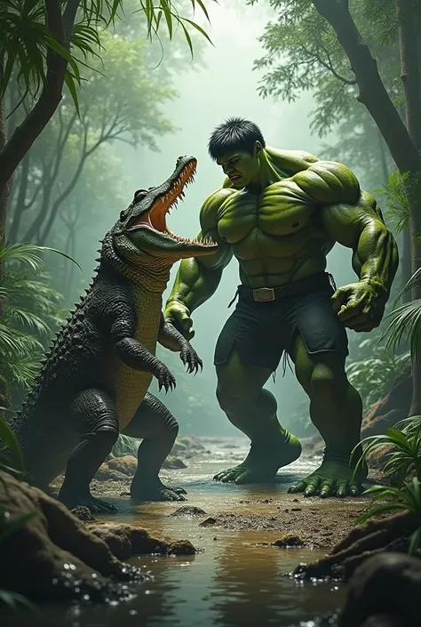 Heres a detailed prompt for generating an image of the Hulk and a crocodile facing each other:

Prompt: "A dramatic scene in a dense jungle, where the Hulk and a massive, fearsome crocodile stand facing each other in an intense standoff. The Hulk is toweri...