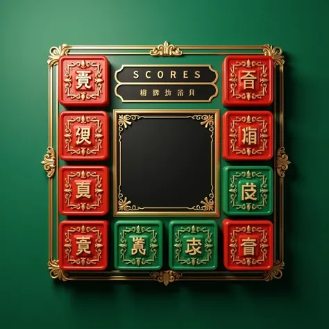 Direct top view of A 3D Mahjong scoreboard design featuring vibrant red and green square buttons with intricate golden engravings, a central black display panel for game information, and two Mahjong tiles at the bottom, all encased in a sleek, ornamental m...