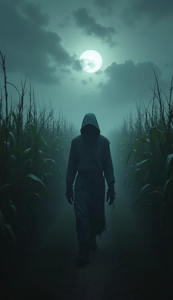 "Drone-like aerial view of a foggy cornfield at night under a full moon, dense clouds above. A hooded scarecrow in heavily torn, gray, ragged clothes walks hunched over, head down, along a narrow path between tall corn stalks, shadowy and eerie atmosphere....