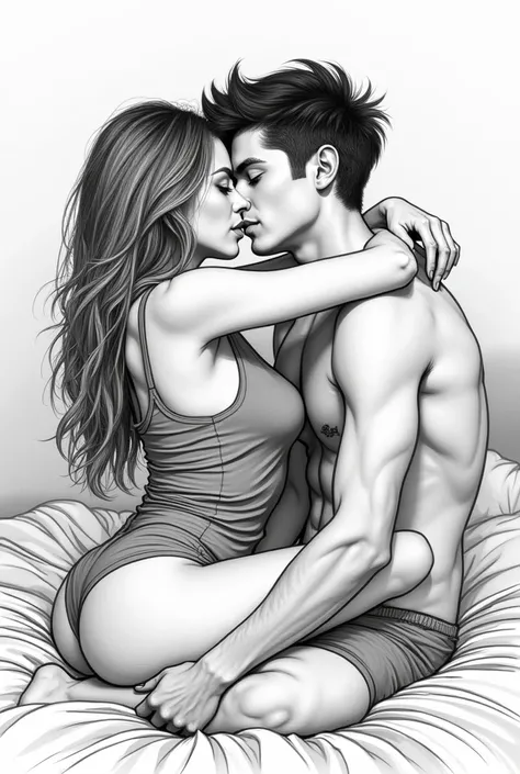 attractive beautiful girl, in  grey tank top attractive figure and a man in casual outfit  . both facing each other . Girl arms around neck of the man .  Sitting in bed. Kissing each other passionately. Intimate kissing. Blank and white sketch 