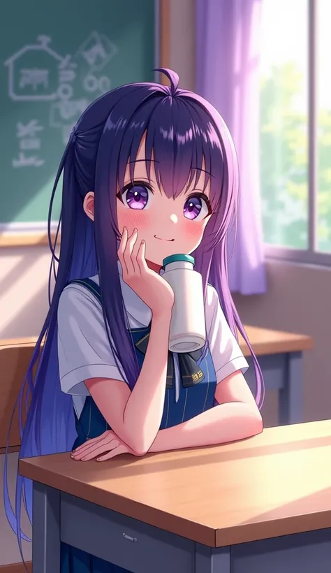  high resolution, gradient hair color（Purple and dark blue ）, curtain/ Waterfall Hairstyle ,school girl, Smile, Sit in your seat, holding a bottle of milk on the desk ,  German tilt lens , Afternoon classroom ,  The sun shines on the table from the window ...