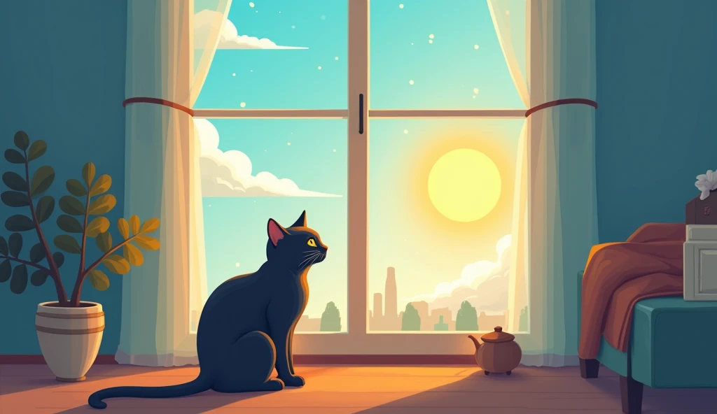   A cat is looking outside from the room window 　 The sunlight of the rising sun is dazzling from the outside entering the room　 A wonderful, shining morning 　 Calm Morning 　The sky is blue　Poster ( Flat Color , Flat texture, Line art:1.2),