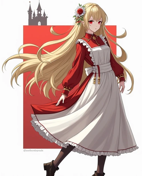 alba,  the vampire servant of her castle ,  is a fascinating figure that arouses both curiosity and admiration .  Her golden hair shines under the ambient light ,  as if each thread were made of rays of the sun ,  contrasting with the dark aura that surrou...