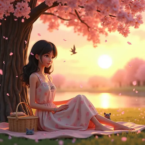 A 3d realistic woman, black hair color, holding a picnic basket, with a floral dress, sitting under the cherry blossom tree, theres a sunset, with a cat and birds, had a name on her dress "Jers" with a font