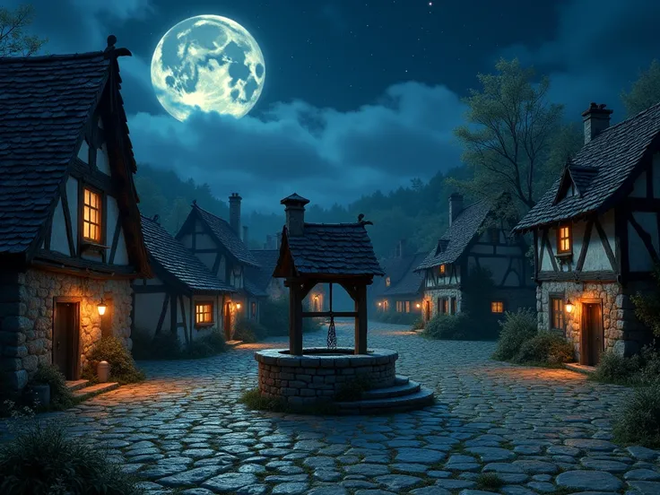 An old village with a well in the middle of the square at night just as the moon shines