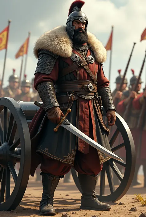 warrior wearing jacket with Markhor skin and wearing a Muslim style armour helmet and holding a curved sword in his hands standing beside a cannon and warrior is tall and mascular and his jacket have big fur and his forearms are big and bulky and warrior i...