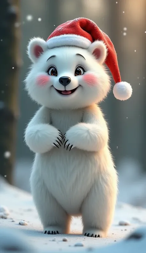  Cute fairy white bear from the cartoon,  stands on its hind legs in the forest ,  on the head Santa Clauss hat ,  beautiful , Cute, smiles.  high resolution, masterpiece,  realistic anatomy , HD model,  High detail ,  high quality , Retina of the eye,  Ve...