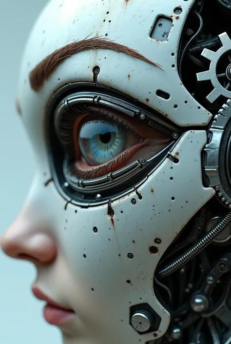 Close-up of the eye of a male robot personified cyborg style
