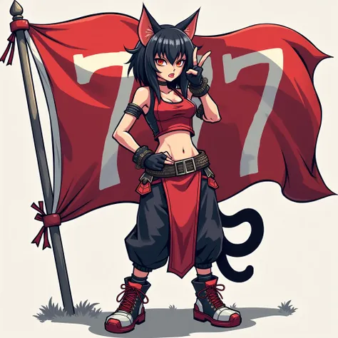 Cat girl rude on the background flag with 777 in game style
