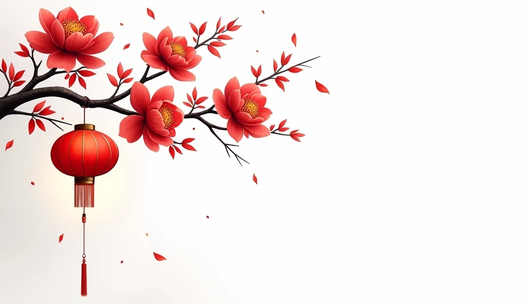 vector style drawing. calligraphy painting of red peach blossom branch, hanging red lantern. Tet style. stylized, completely white background