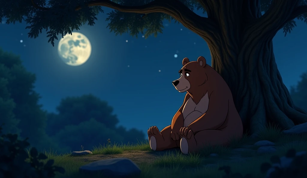 As night falls, the mother bear, with thick brown fur, sits under a large tree, looking exhausted and heartbroken. The moonlight filters through the branches, illuminating her sad expression as she worries about her cub. The jungle around her is silent and...