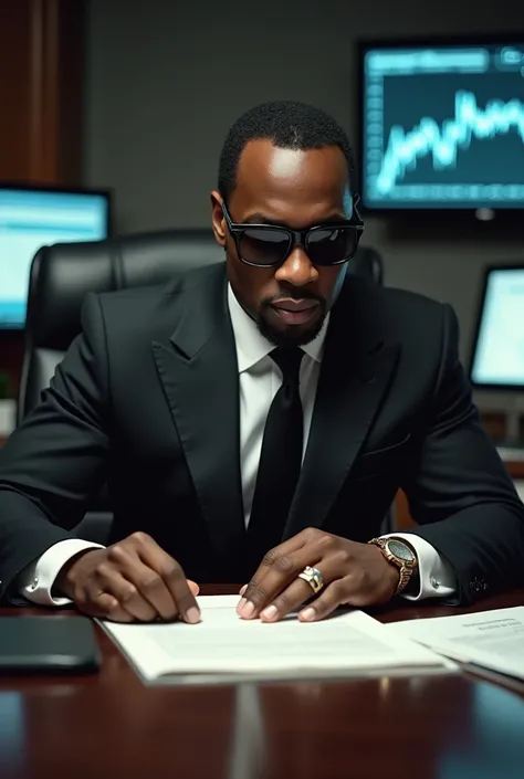 p diddy sitting powerfully on a chair of a office room, he is looking at a document in his desk, wearing blacks suit, sunglass. Display of stock market graph in the background