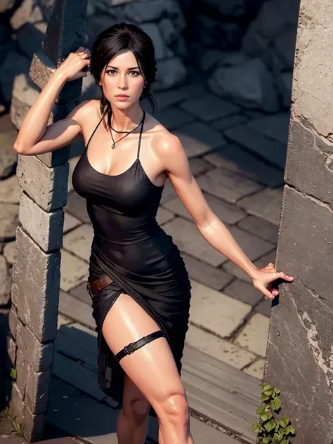 Lara Croft, wearing elegant and sensual black dress with neckline and black sandal.1 ,  high resolution,  high quality , 