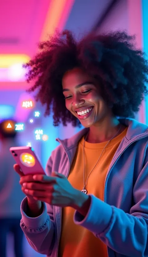 "A cheerful person smiling brightly, holding a smartphone, with a colorful Instagram interface in the background. The interface includes vibrant posts, hashtags floating around, and glowing social media icons. The background features a gradient of vivid pi...