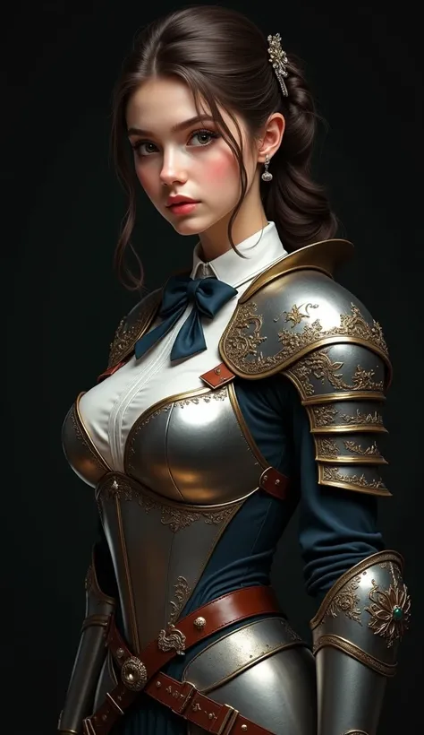 (masterpiece), semi-realistic artstyle, 18-year-old girl in a school uniform with elements of medieval armor, huge breast, perfect beautyful face, (black background), (realistic shading)