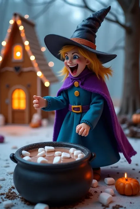  can you generate an evil witch who laughs loudly ,  dressed in a blue dress with a purple cape ,  who is standing next to a cauldron filled with marshmallow hot chocolate, In front of a blond gingerbread house 
