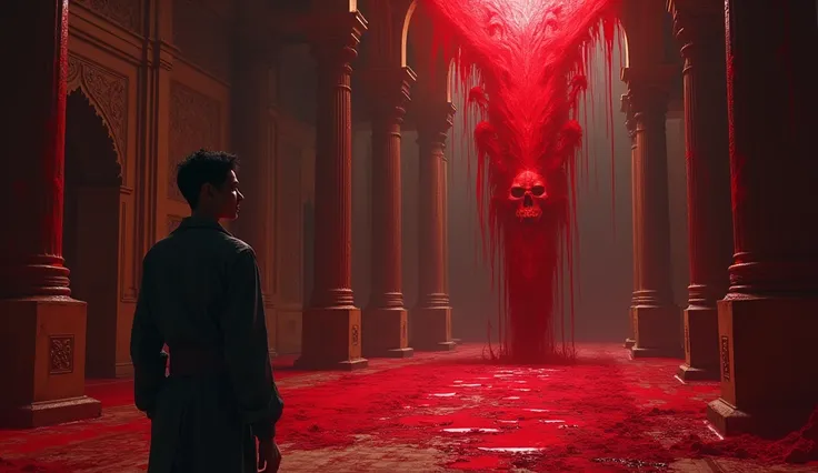 "The bloodstains on the palace walls begin to move, forming eerie, unrecognizable shapes. The dark red liquid drips unnaturally upward, defying gravity, as Vikram watches with a mixture of curiosity and horror."