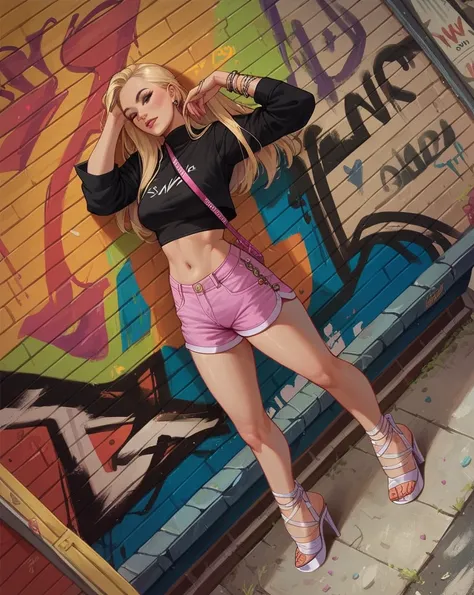 Girl, black crop-top, midriff, blonde hair, pink shorts, open-toe high heels, graffiti on wall