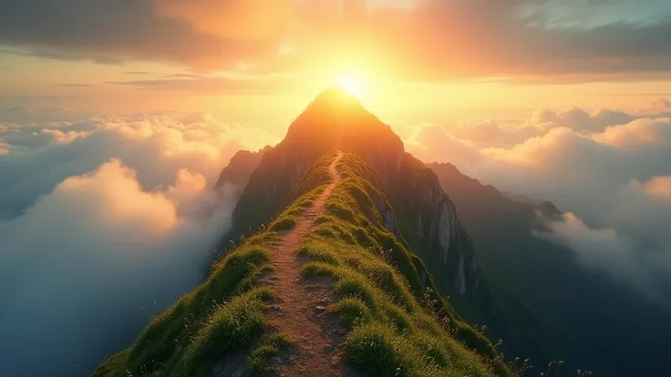 A glowing mountain peak at dawn, surrounded by soft clouds and golden light, symbolizing growth and determination. The scene radiates calmness and inspiration, with a subtle path leading upwards through lush greenery