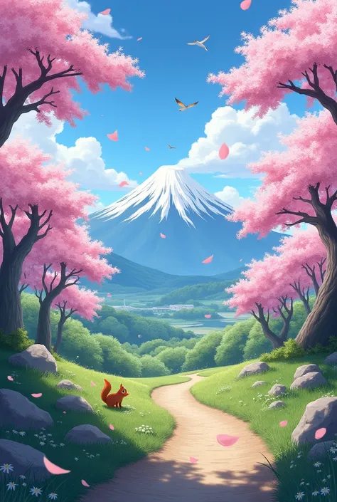  Landscape in 4k a trail with several sakura trees around ,   the trail leads to Mount Fuji some petals are falling from the trees and the wind makes them fly, Oh my God Clody has 3 flying birds and a squirrel in the tree 