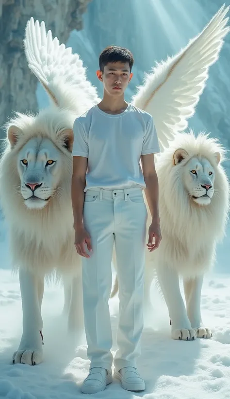 A close up handsome korean man, white t-shirt, White jeans and white boots with a lion, with magical creatures, emma watson as an angel, emma watson as the queen of ice, exquisite and handsome wings, with large wings, the man riding is on the lion, beautif...