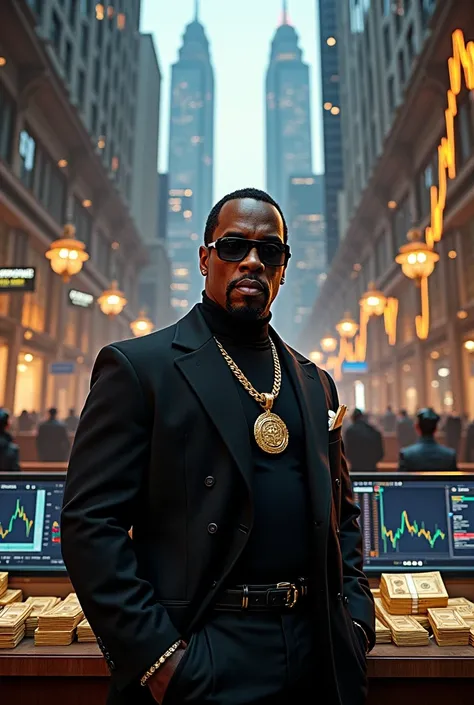 A stock market trading screen with rising graphs, luxury commercial buildings with p diddy standing, and a bank vault filled with stacks of money and gold.