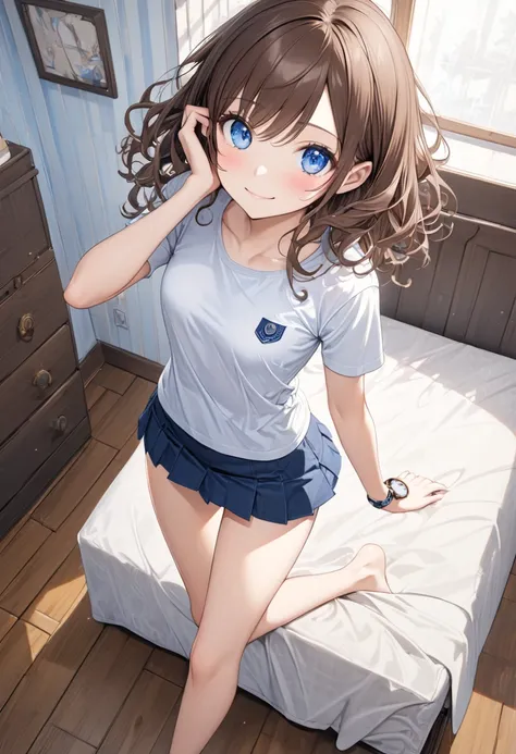 full body,  1 girl ,  blue eyes, Brown Hair,  watch viewers,  beautiful details , Depth, Fine texture,  Detailed Cloth Texture , Complex pupil, 深い blue eyes, smile, blush,  ((small breasts)),  medium hair, wavy hair,, Brown Hair,  Thin legs,  T-Shirts, min...