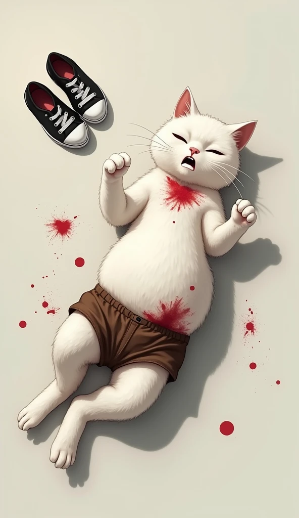 The white cat, brown shorts,shoes black and white ,white cat  has been fallen  ,hand blood. 