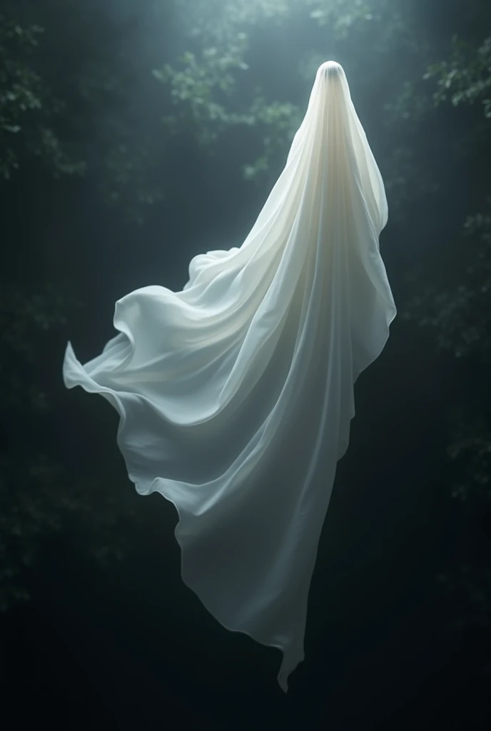 Photorealism of a single white transparent cloth blown in the air amidst dark compound 
background