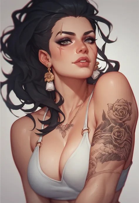 Strong woman with black hair with tattoo and scar on her arms 