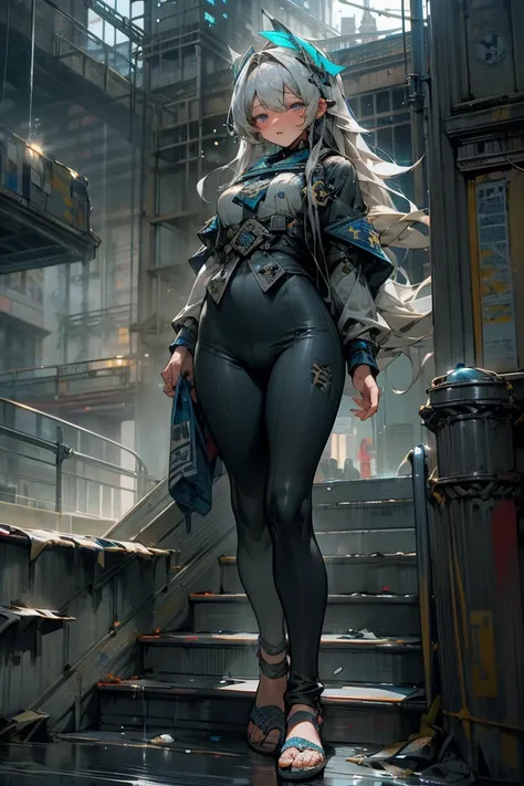 woman、 anatomically correct、 detailed eyes 、 semi-long hair、 Silver Hair、 blue raincoat、 white shirt、Heavy drops of water float around navy leggings 、 Blue Sports Sandals 、Fist Big Water Drops 、 Lots of Water Drops Floating in the Air、Standing quietly 、Nig...