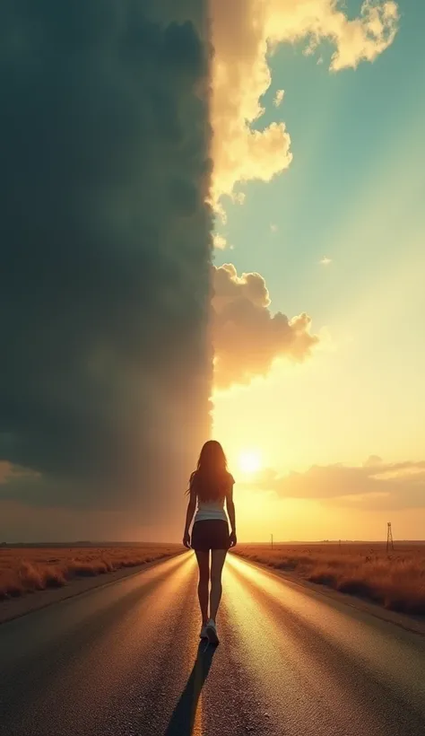 Ultra-real image of A Long, Deserted Road,  with the silhouette of a young woman walking confidently . The sky is divided:  on a dark side with heavy clouds , on the other bright and sunny ,  representing the passage from hardship to prosperity.