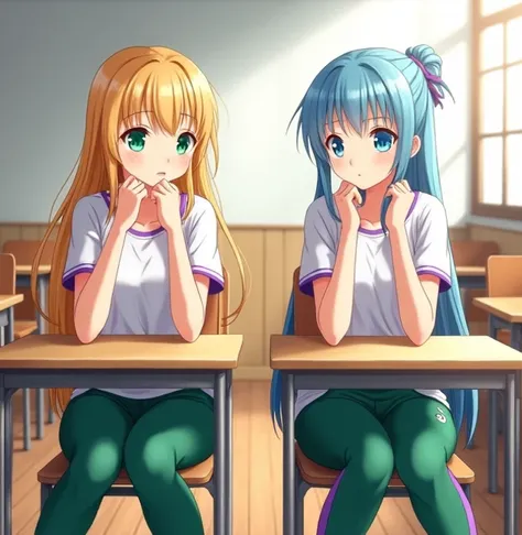  Two 17-year-old anime ladies , anime To love ru,  soft lighting ,  They are each sitting at their respective desk in front of the classroom on the third floor of a white school with wooden floors in the city of Tokyo, with students around her , During the...