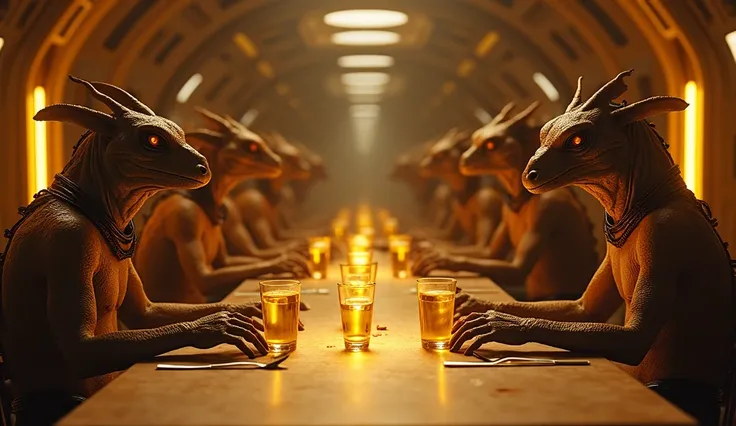 beings with reptilian bodies, with horus head, sitting on a dinner table, drinking liquid gold in glass cups, spaceship inside background, 85mm lens, optics, dispersion, glare, shadows, harsh, shimmering, ray tracing reflections, lumen reflections, screen ...