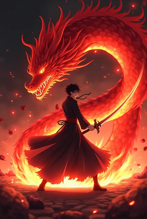 A Kimetsu no Yaiba anime character named Kamado Tanjiro is using a sword covered in a red fire dragon, and emits a black aura on his body.