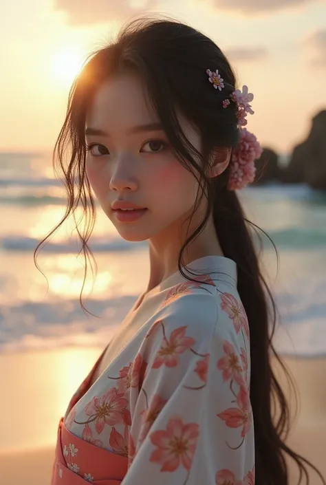 A beautiful Japanese girl stands on the beach.,  soft light ,  Detailed face and eyes, Fine skin, Fine hair,   Detailed Anatomy , photo Realistic , 8k, Detailed environment,  Ocean waves, Sunset Sky,  sand , rock, Highly detailed,   masterpiece,  ( best qu...