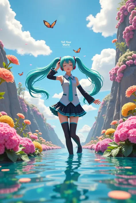  Hatsune Miku enjoys listening to music 、 headphones、 Hatsune Miku is closing her eyes 、 A colorful world with all kinds of flowers blooming in the back、In the center（tell　YOUR　WORLD）The letters 　It floats in the background as if drawing a circle（With a po...