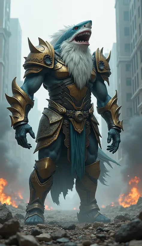 "Muscular humanoid with a great white shark head, white beard and hair, sharp teeth, and battle-worn armor adorned with golden details, on an urban battlefield filled with smoke and rubble.