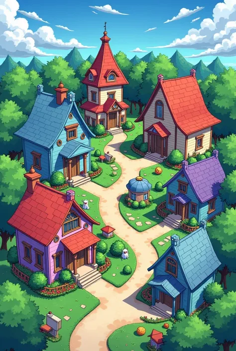 a neigboorhood with 8 big houses in anime 