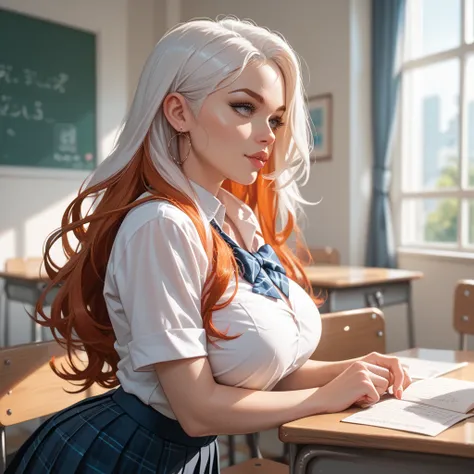 Long hair, White hair,  big breasts ,  Redhead, dribbling,  school uniform