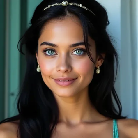1 fille, Alone, long black hair, open mouth, smile, blue eyes, jewelry, Headband,