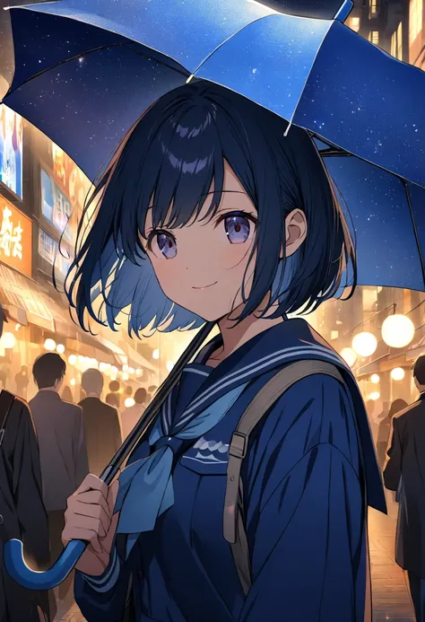 ((anime,pastel))、 1 woman,Close up,Walking with an umbrella,Walking the city at night,Turn around and look this way, smiles,Ultramarine Hair, short bob, dark eyes, the navy blue sailor suit 