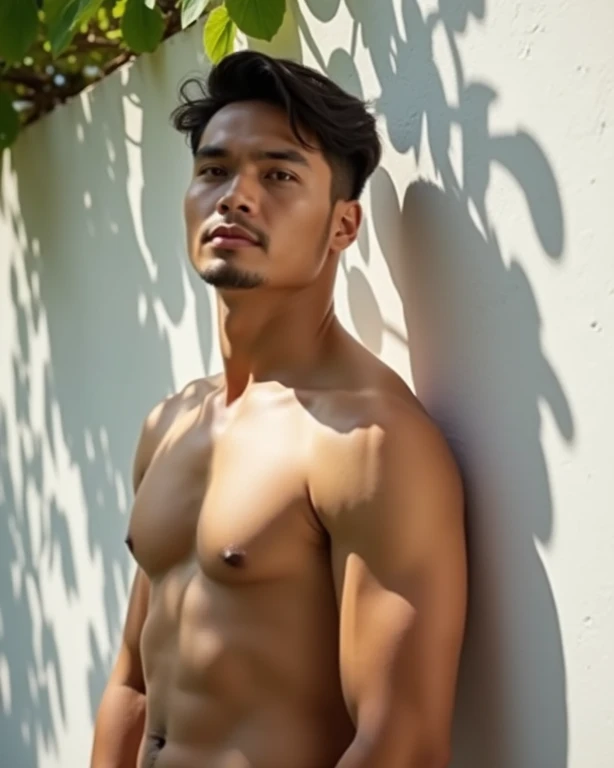 Tip: A close-up shirtless 35 year old Thai man,chubby and muscular,hairy chest,stands gracefully against a white wall. He looks at the viewers.His pose is relaxed as sunlight filters through the leaves above, casting soft shadows and patterns on his face a...