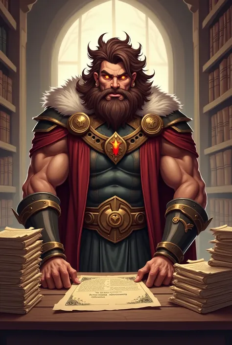  Create an image of a guild master with curly curly hair he is at a counter with several important roles from guild missions he is strong and has brown eyes flashing crimson red (rpg) a little bit Cartoon  