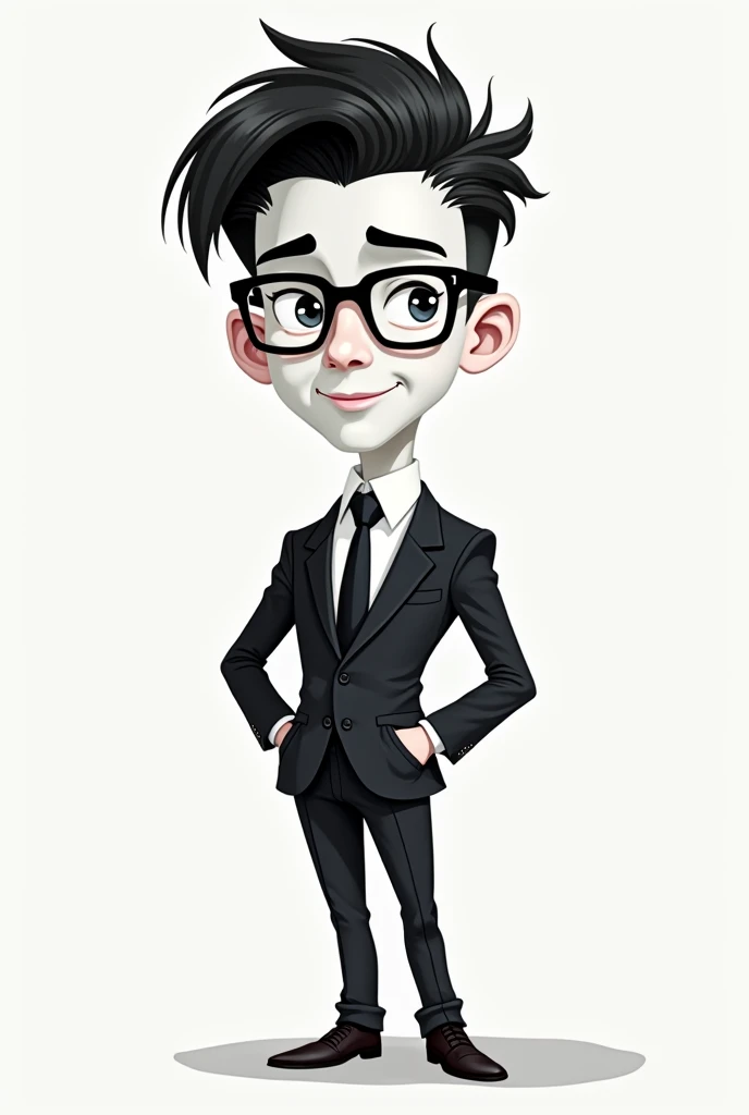 White-skinned gentleman ,  black hair with entries and a tail ,  doctor with slender face wearing black glasses in cartoon 