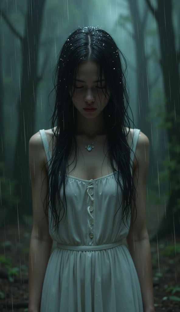 A woman crying in the rain, dressed in white, with a face full of pain; Dark forest background and realistic water drops texture.