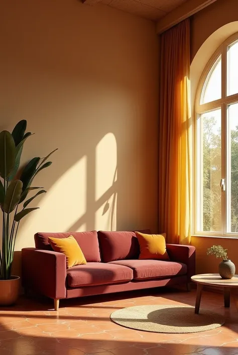 A living room with light cream brownish wall, terachota floor, deep maroon sofa and a wide window cover with mustard gorden