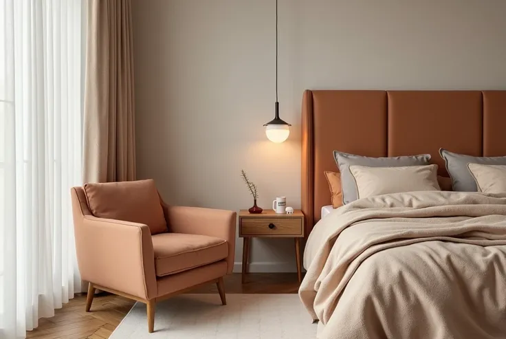 Change the bedside table model ,  using thinner joinery the color of the headboard,  change the color of the armchair and the color of the bed linen .