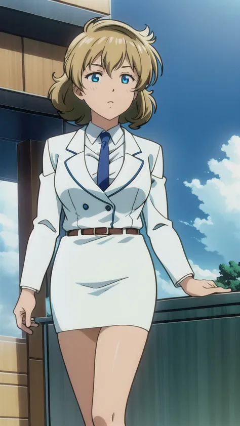 Brown Hair、 short hair、bangs、White hair band、悲しいface、Blue Eyes、 Full Body Style 、Normal milk、 narrow waist 、Bare legs、In a suit、 blue jacket , collared shirt 、 white shirt、 blue tie,belt, Blue Mini Pencil Skirt, black tights、White pumps、 Official Art, Extr...